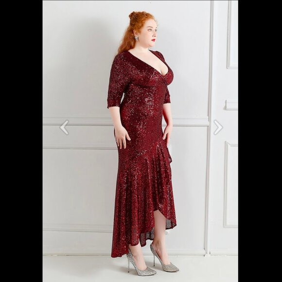 Chicwish | Elbow Sleeve Ruffle Sequined Gown | Burgundy | XL - Picture 3 of 15